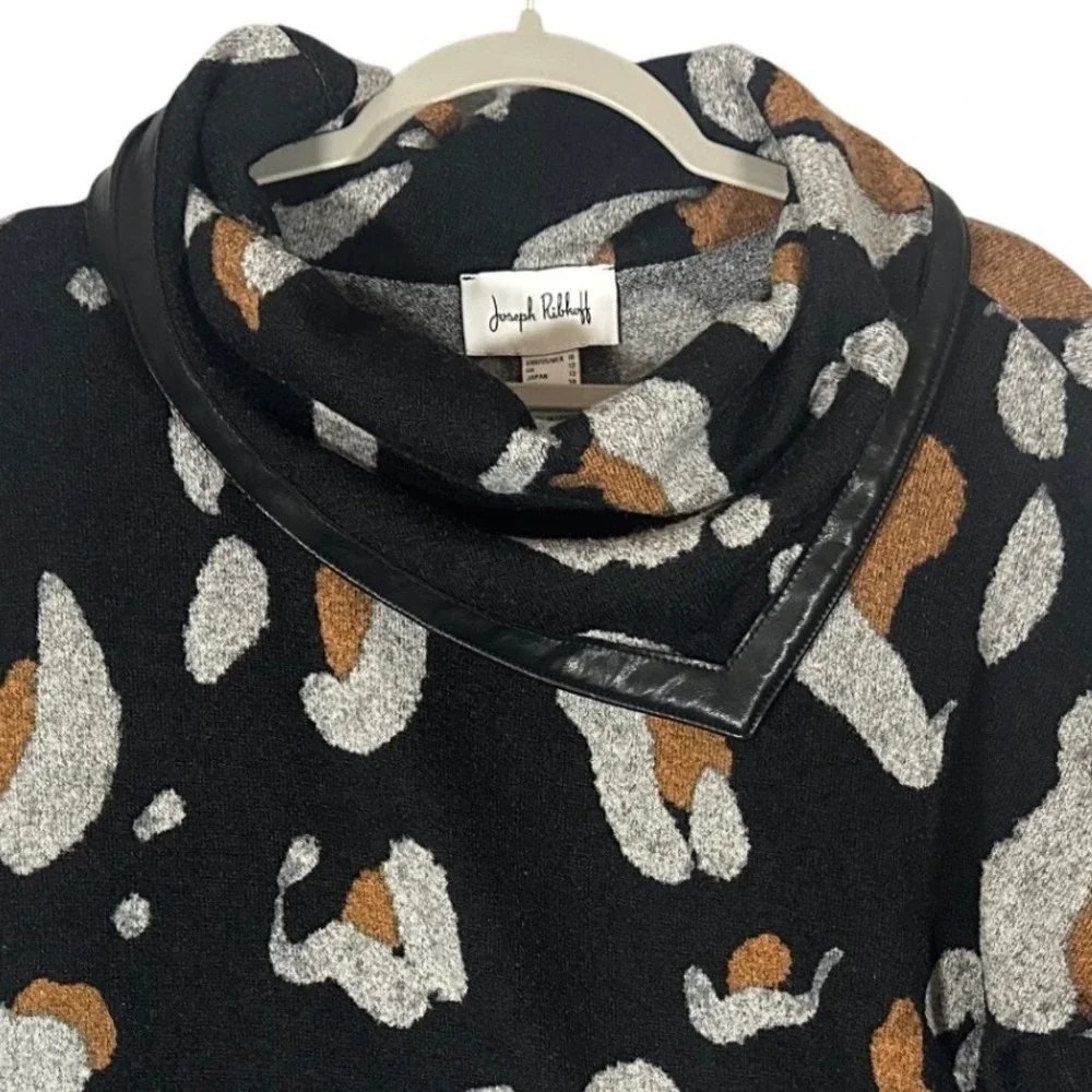 Joseph‎ Ribkoff Animal Print Cowl Neck Sweater Sz 10 Faux Leather Trim Mob Wife